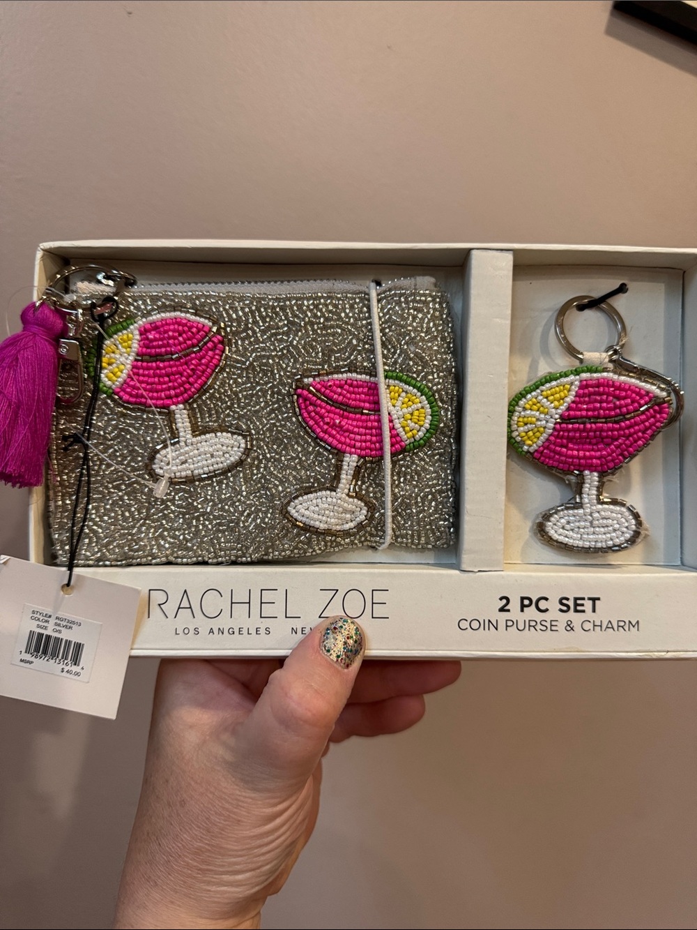 Rachel Zoe Silver Sequin Coin Purse with Pink Beaded Cocktail Charm